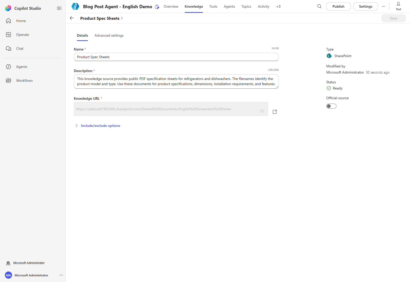 Saved knowledge source details in the English Copilot Studio UI