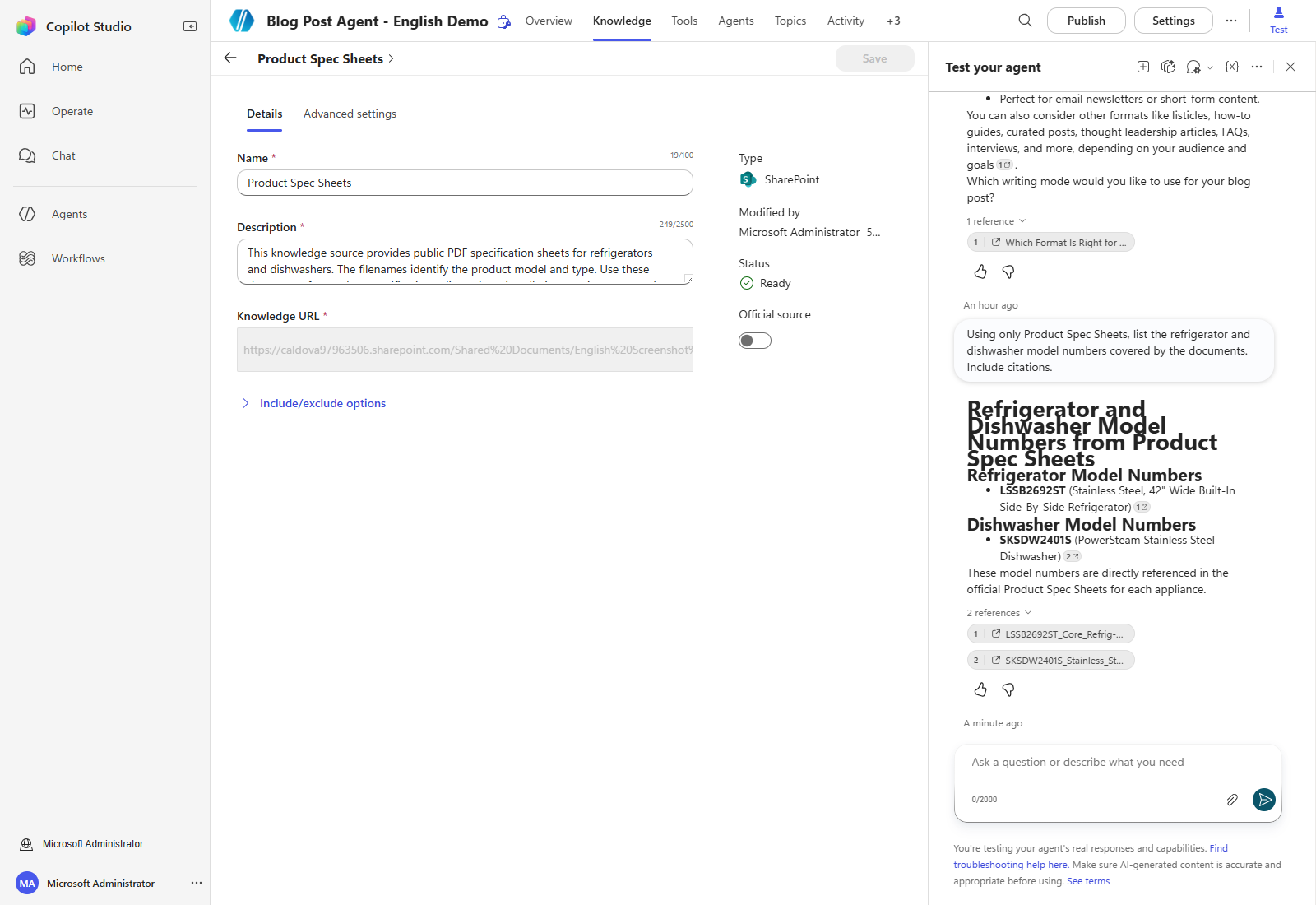 Actual English response grounded in the two SharePoint PDF documents, with citations