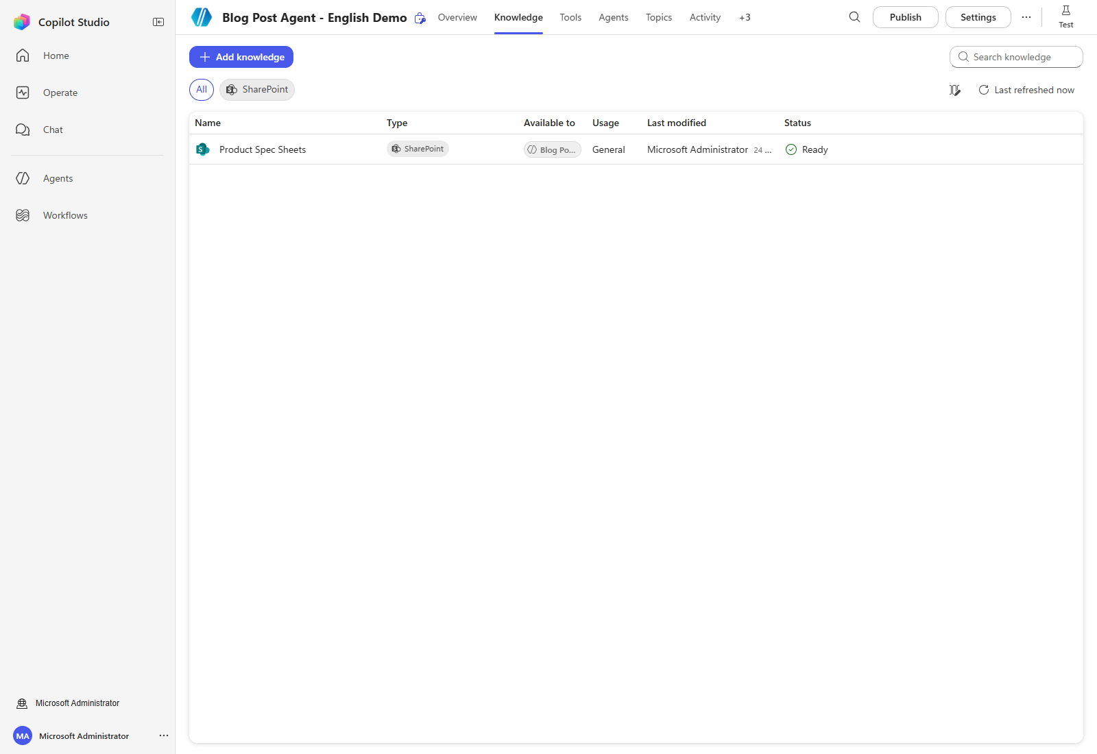 The actual Product Spec Sheets knowledge source with Ready status