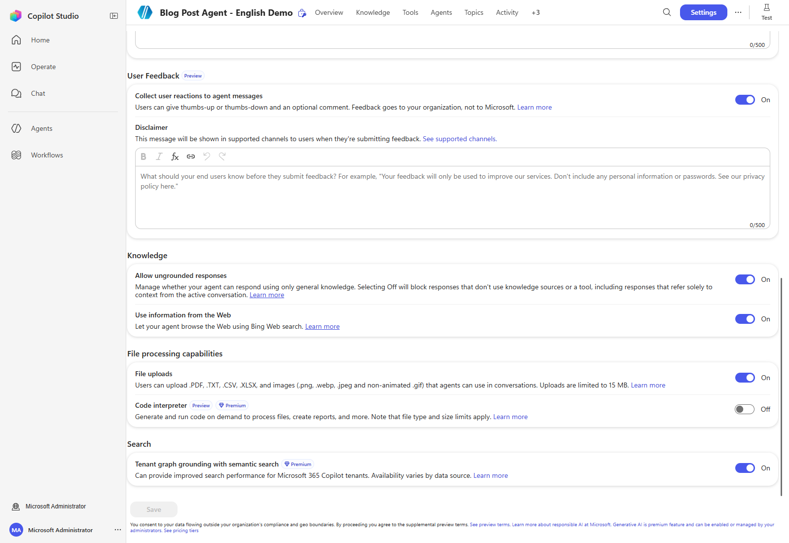 English knowledge settings, including Use information from the Web