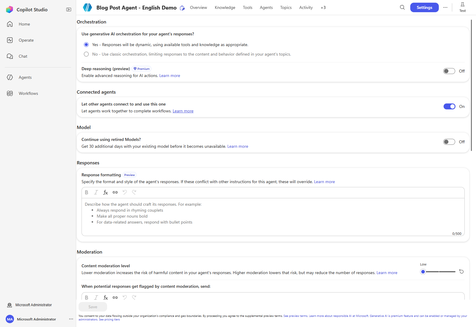English orchestration settings for the demo agent