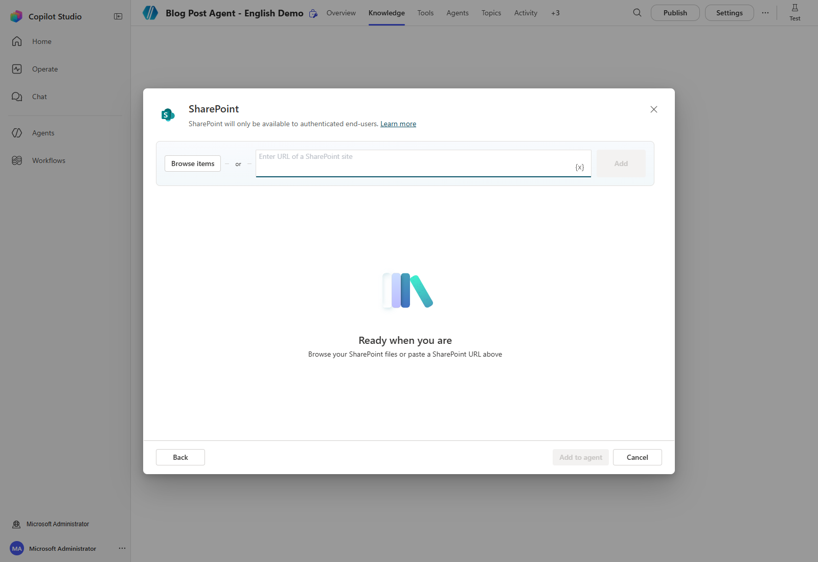SharePoint knowledge dialog with Browse items and a URL input