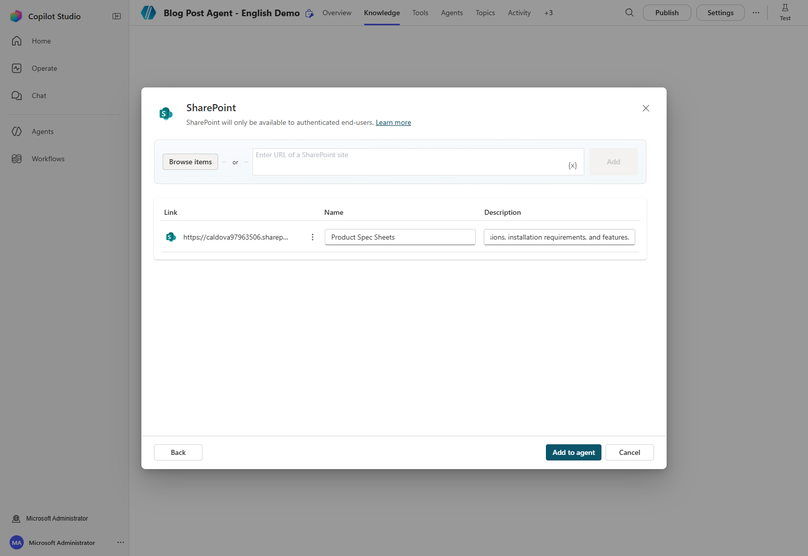 Reviewing the actual SharePoint folder, English knowledge name, and description before adding it