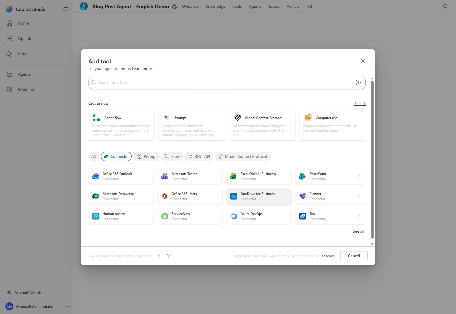 Actual English connector catalog, including Microsoft Teams