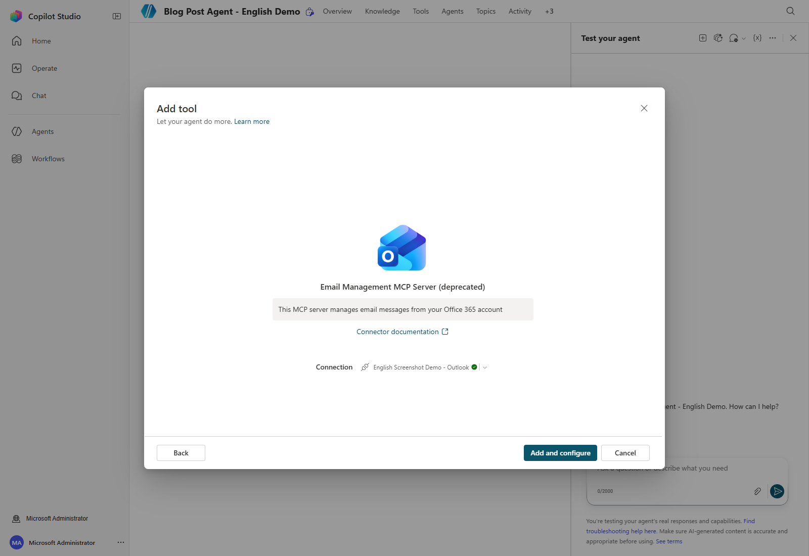 The actual Outlook connection selected before adding the MCP server