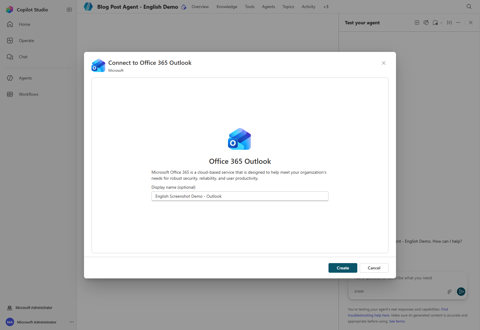 Actual Connect to Office 365 Outlook dialog with an English display name