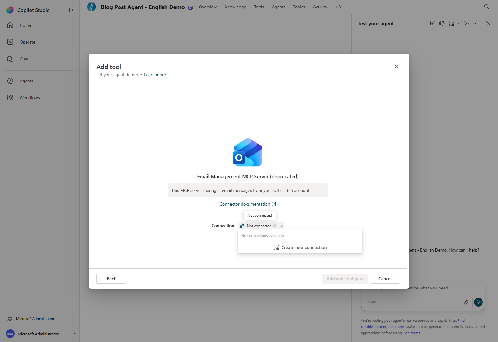 Creating a new Outlook connection from the actual connection picker