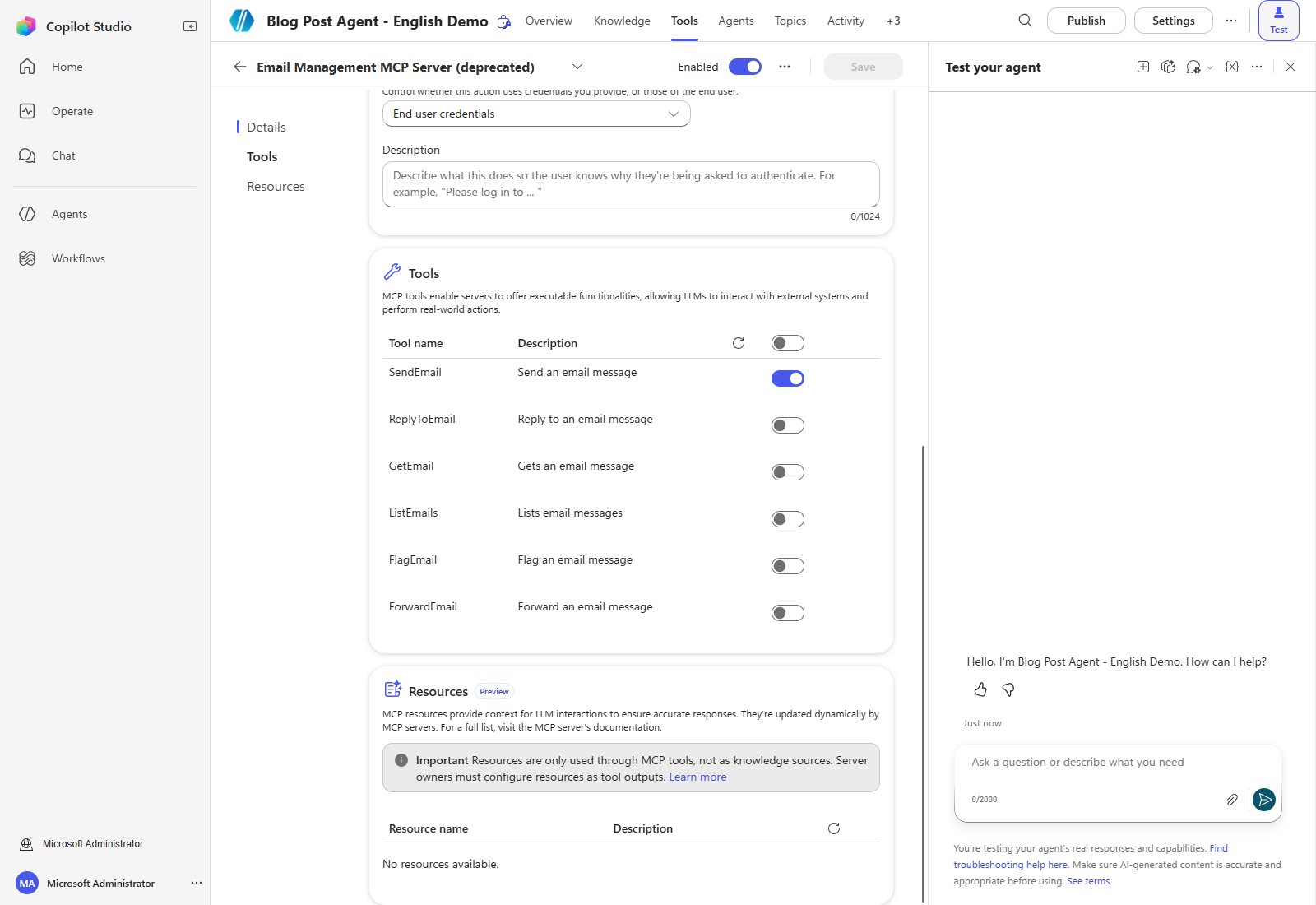 Actual saved MCP tool allowlist: SendEmail on, all other operations off