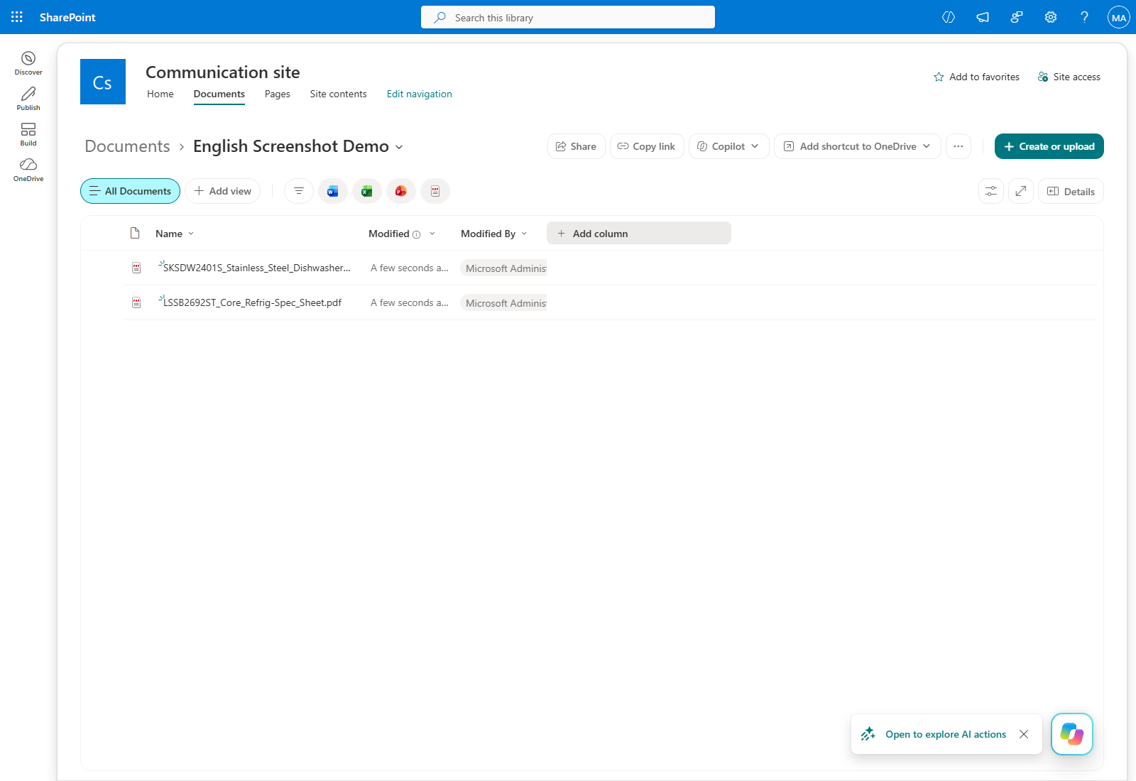 The two public product specification PDFs uploaded to the actual demo SharePoint folder