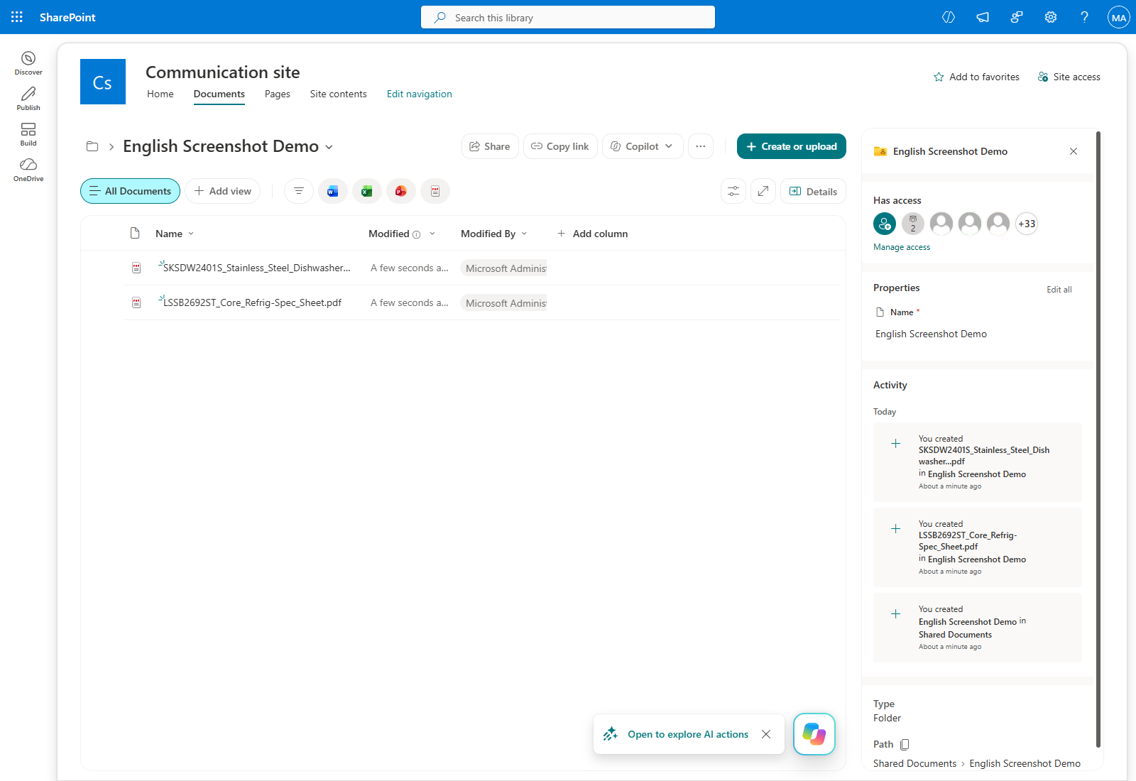Actual SharePoint folder details with Path and Copy direct link