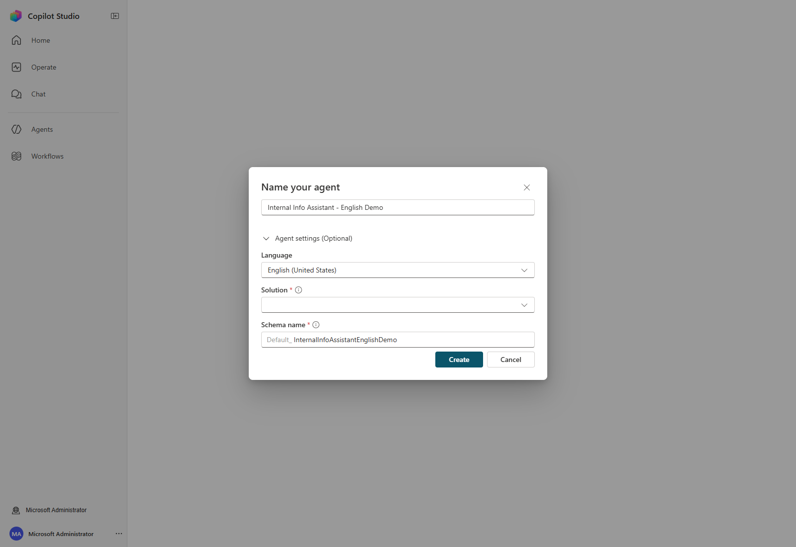 Name your agent, with English (United States) selected
