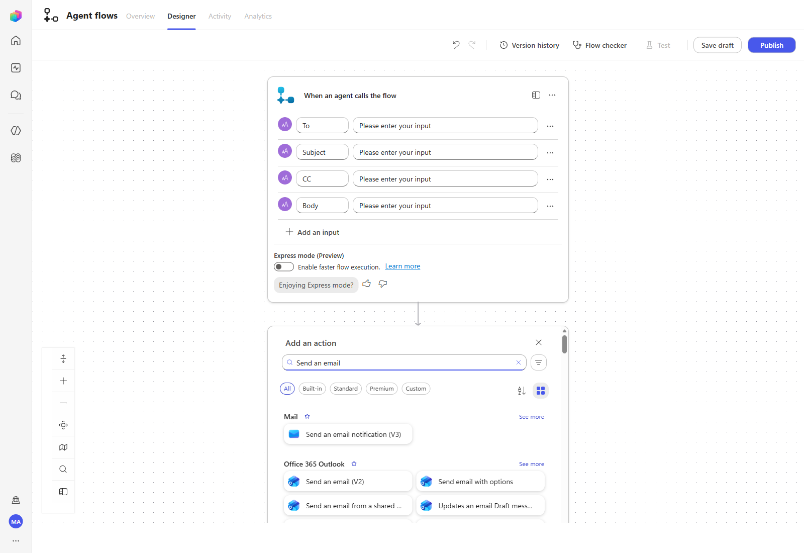 Searching the action catalog for Send an email
