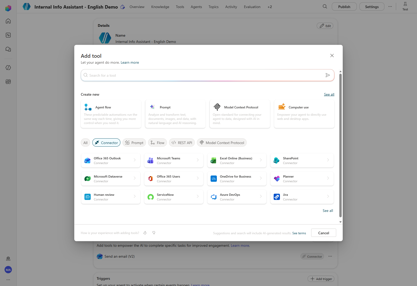 The Add tool dialog with Agent flow under Create new