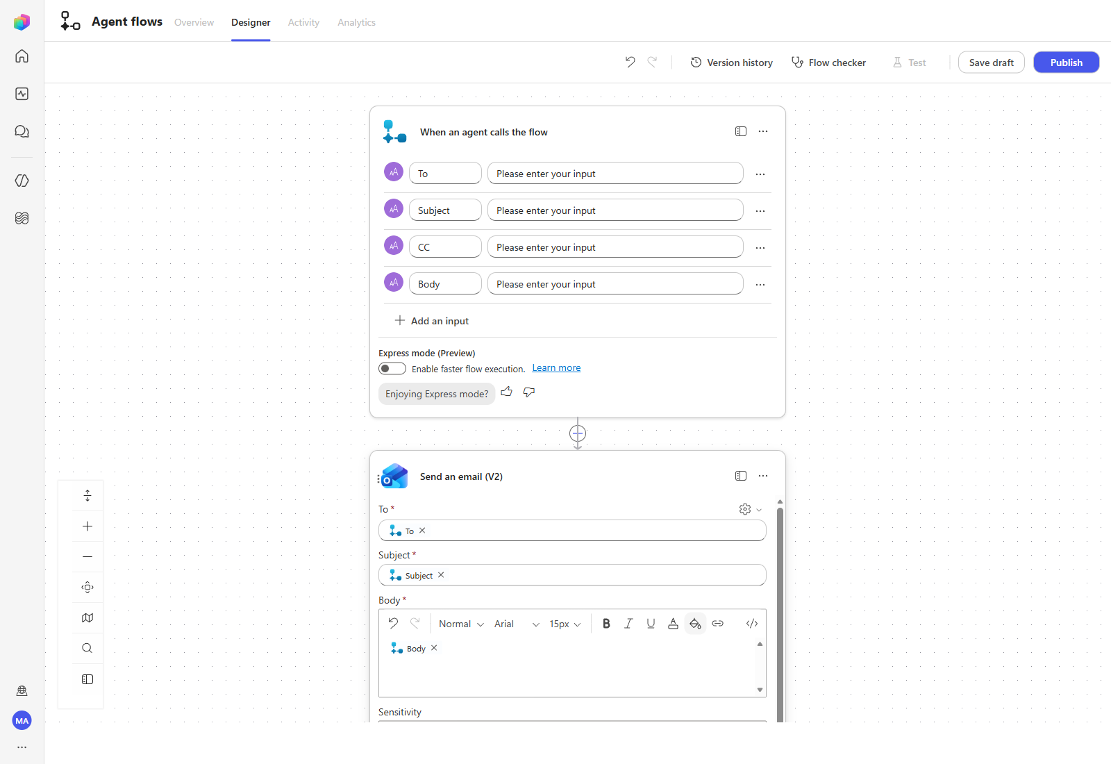 Advanced parameters revealed on the email action