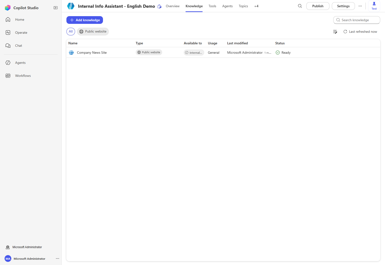 The public website knowledge source showing Ready