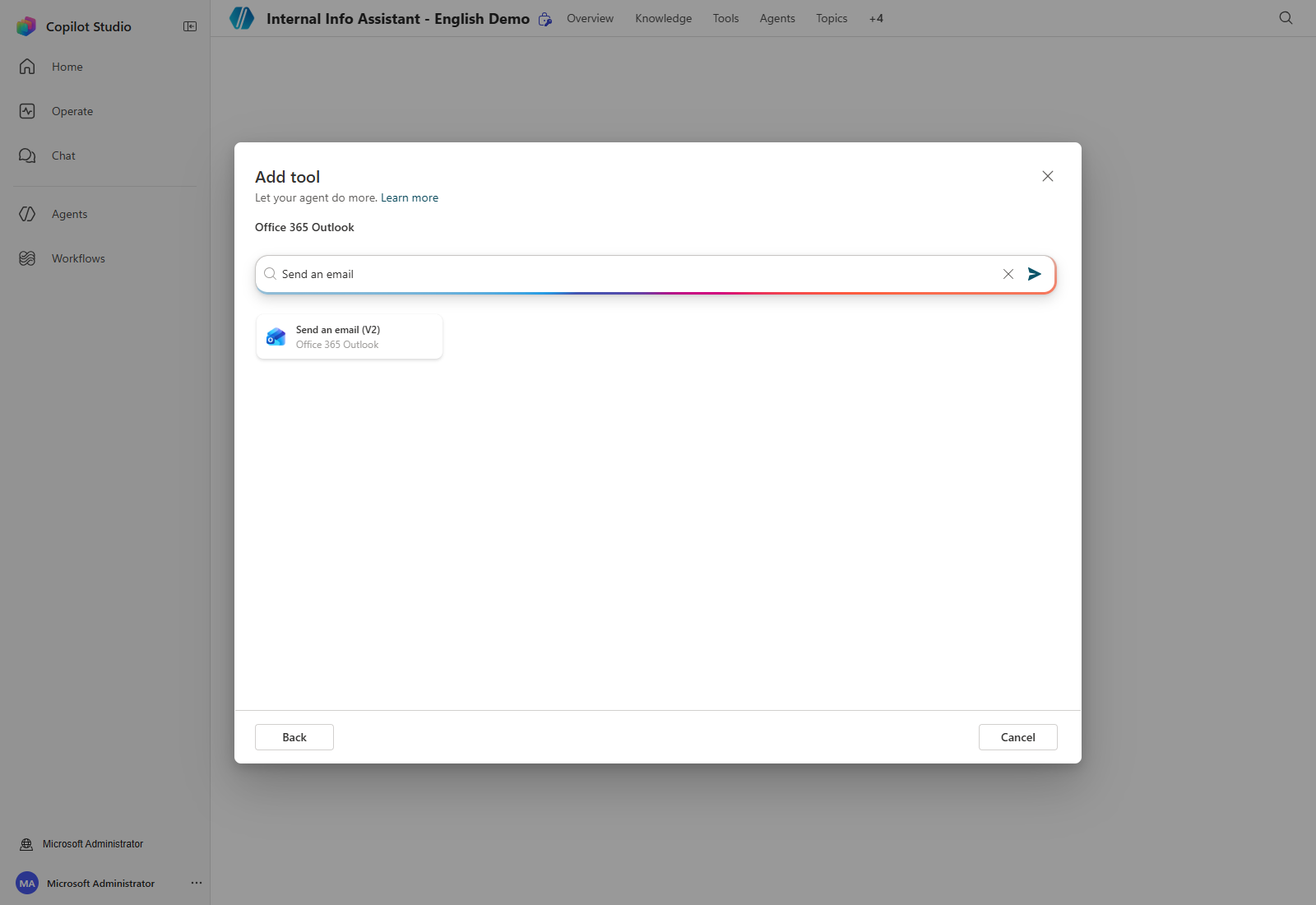 Searching the Office 365 Outlook actions for Send an email