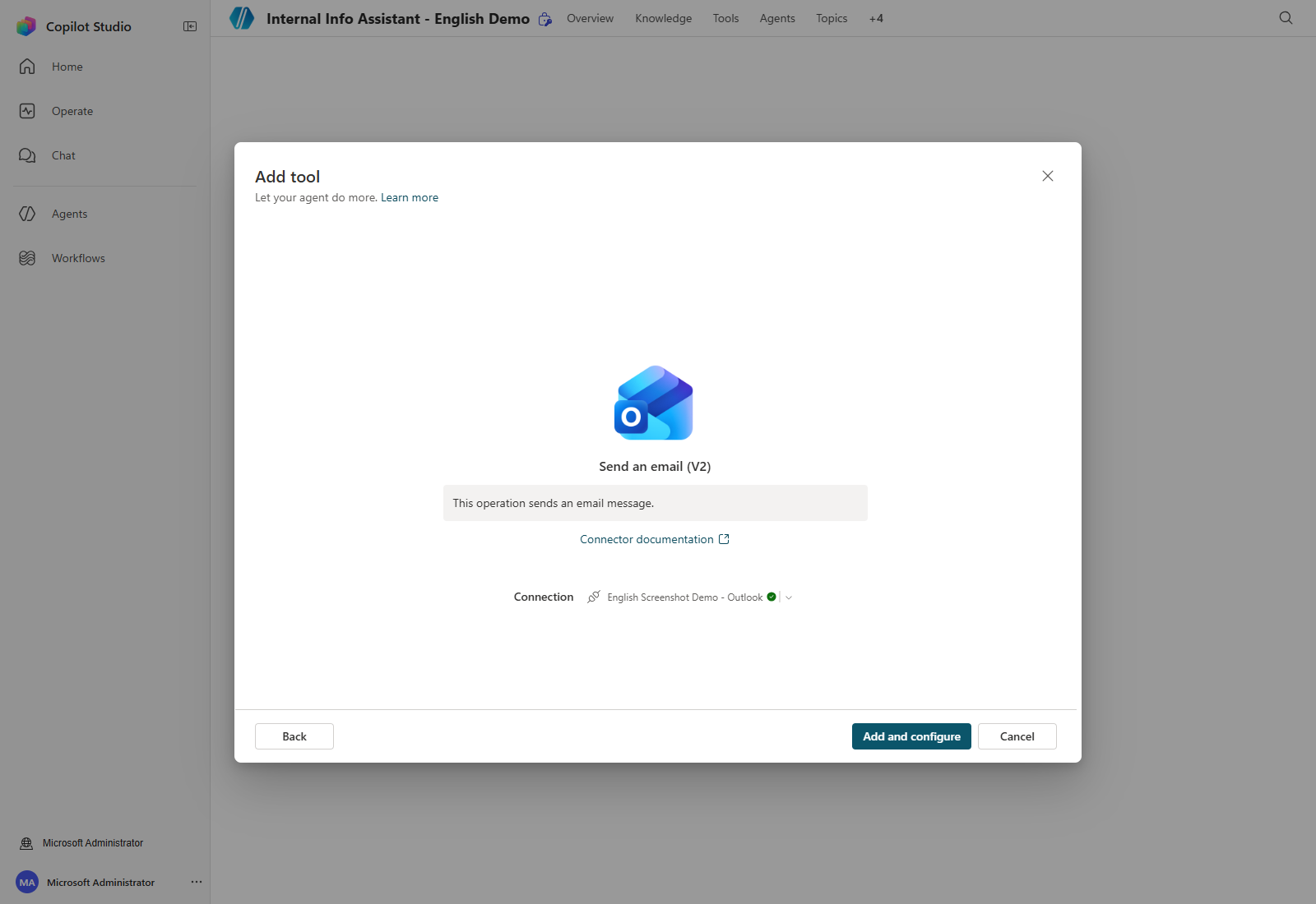 The Outlook connection selected before adding the action