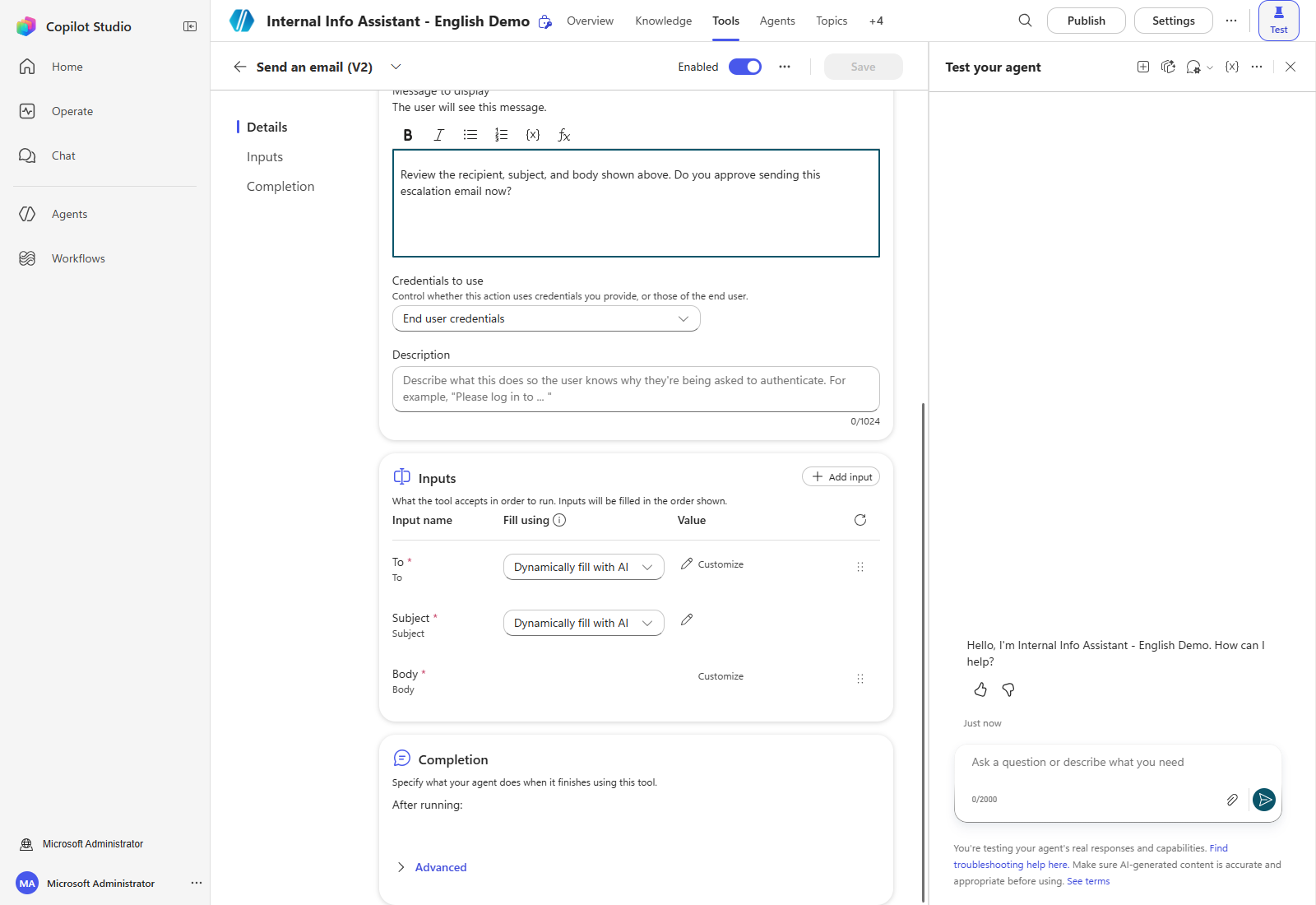 Actual input parameters for Send an email (V2)