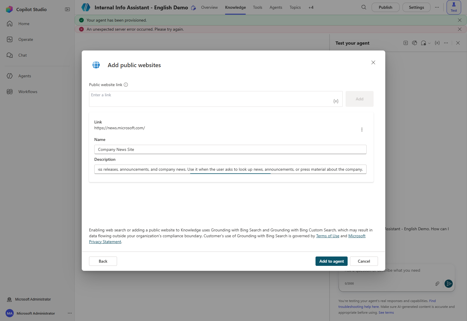 Reviewing the public website link, name, and description