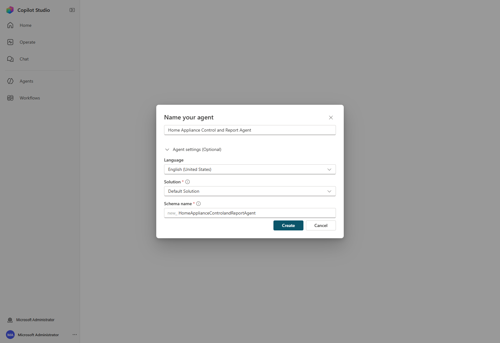 The Name your agent dialog with agent settings expanded