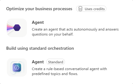 The New agent menu with the autonomous and Standard options