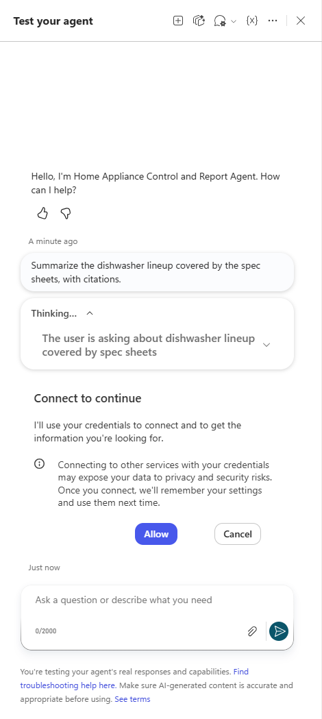 The agent asking to connect with your credentials before searching