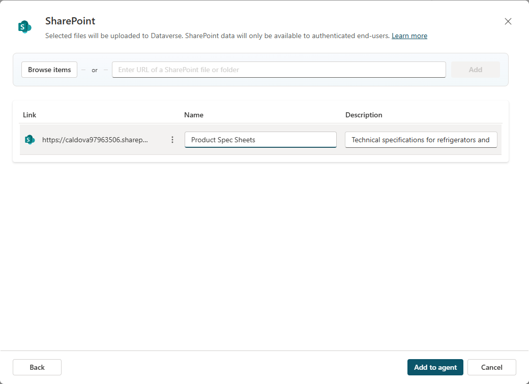 The knowledge source name and description entered
