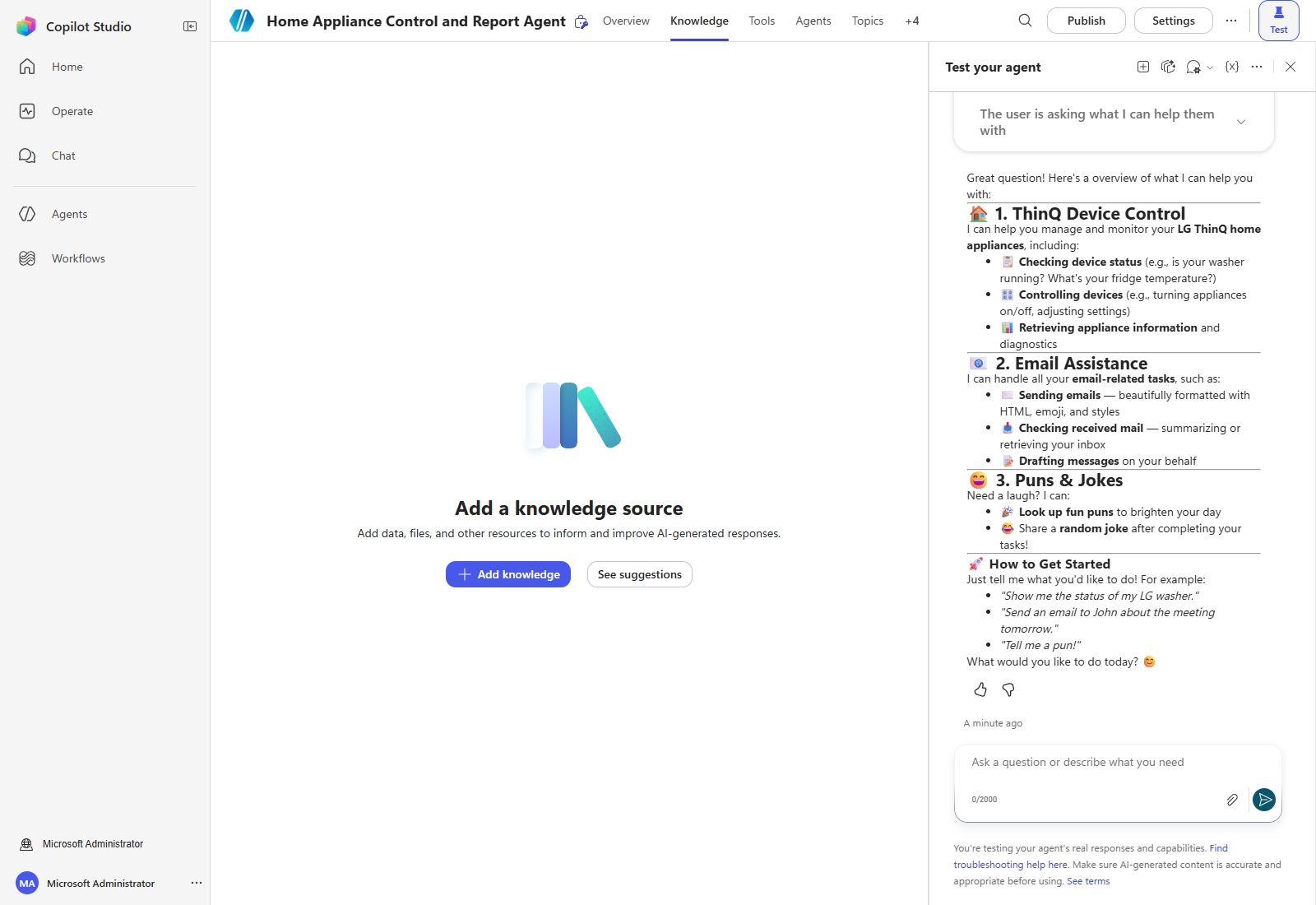 The empty Knowledge tab with the Add knowledge button