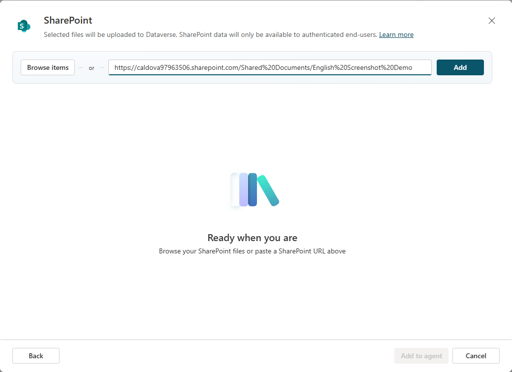 Pasting the SharePoint folder URL into the knowledge dialog