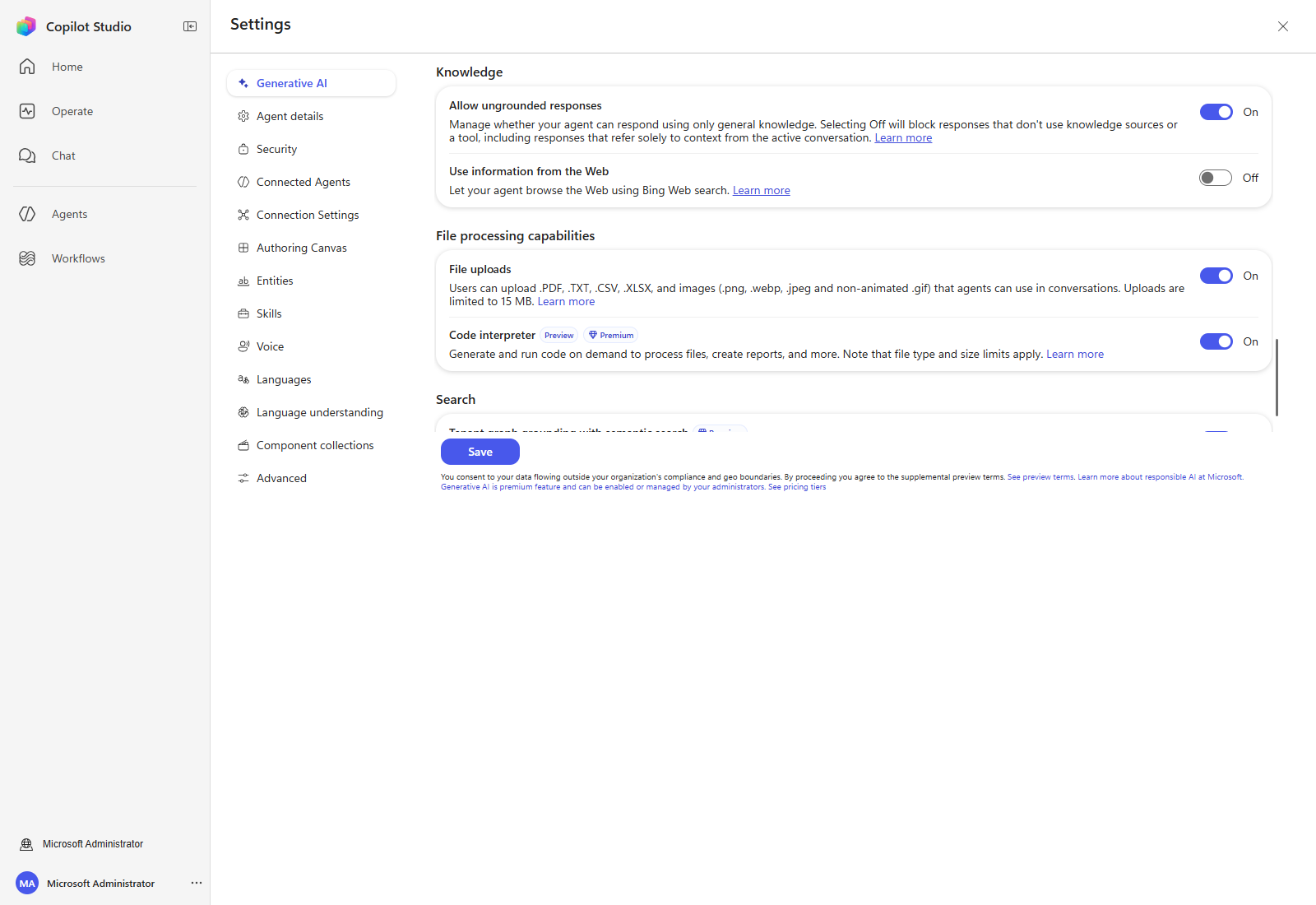 Knowledge, file processing, and search settings with the Save button
