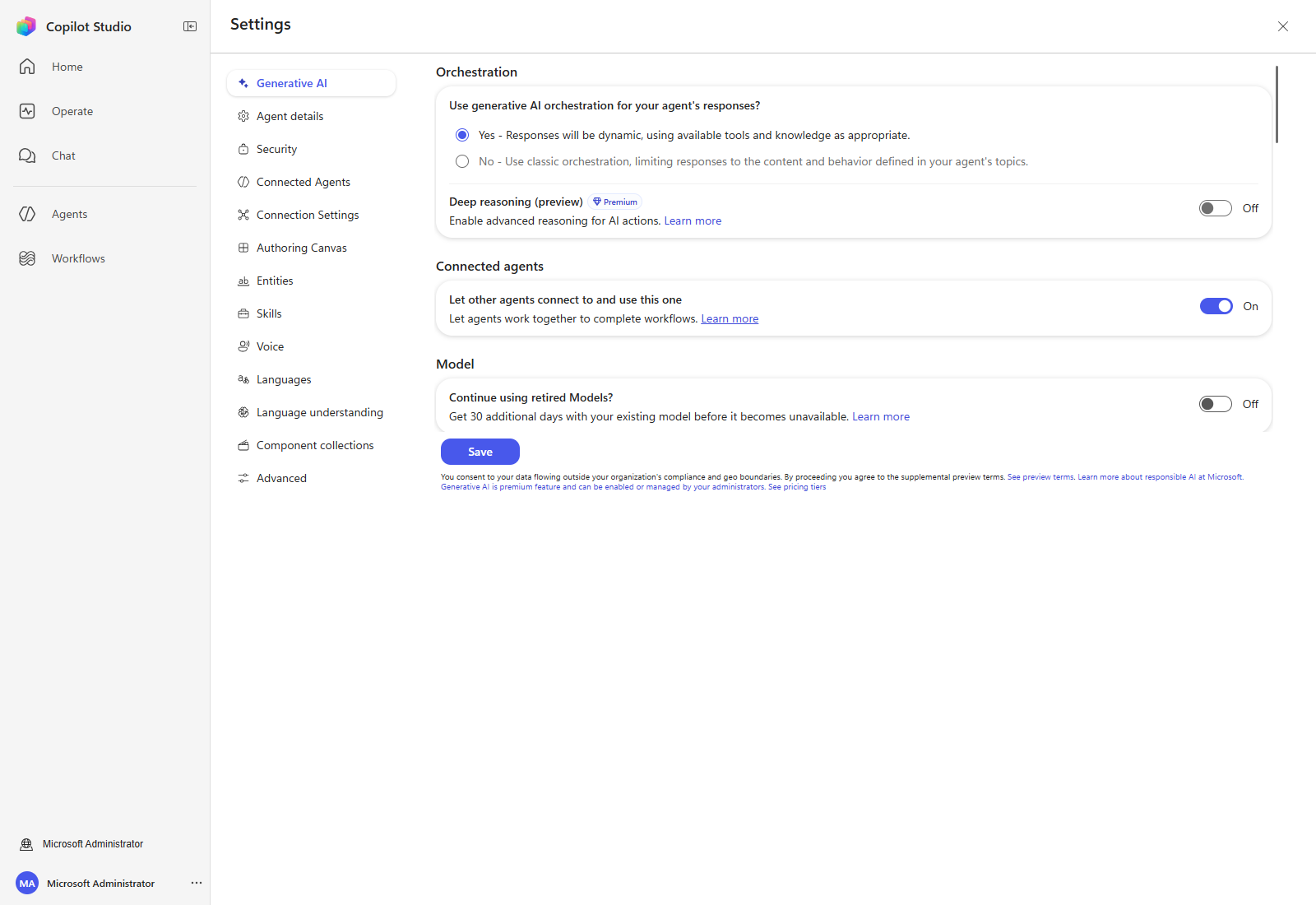Orchestration settings for the workshop agent