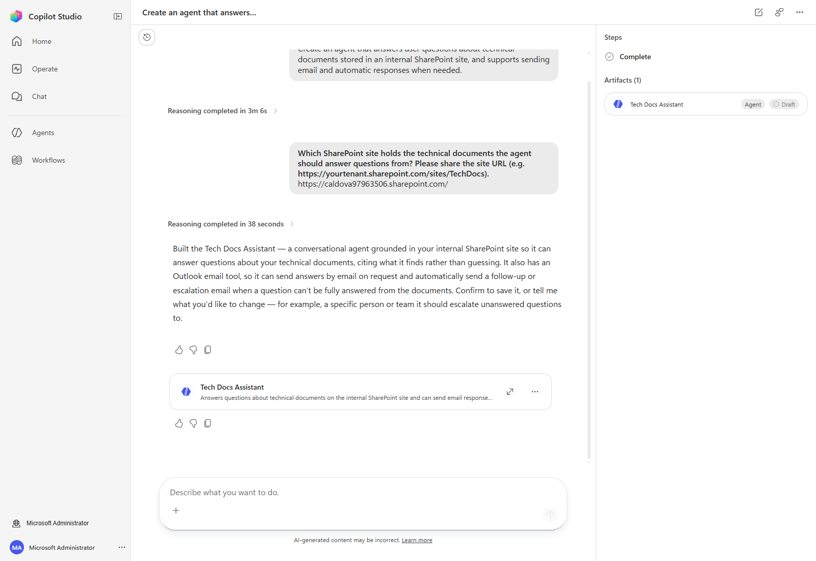 The authoring session complete, with the agent listed under Artifacts