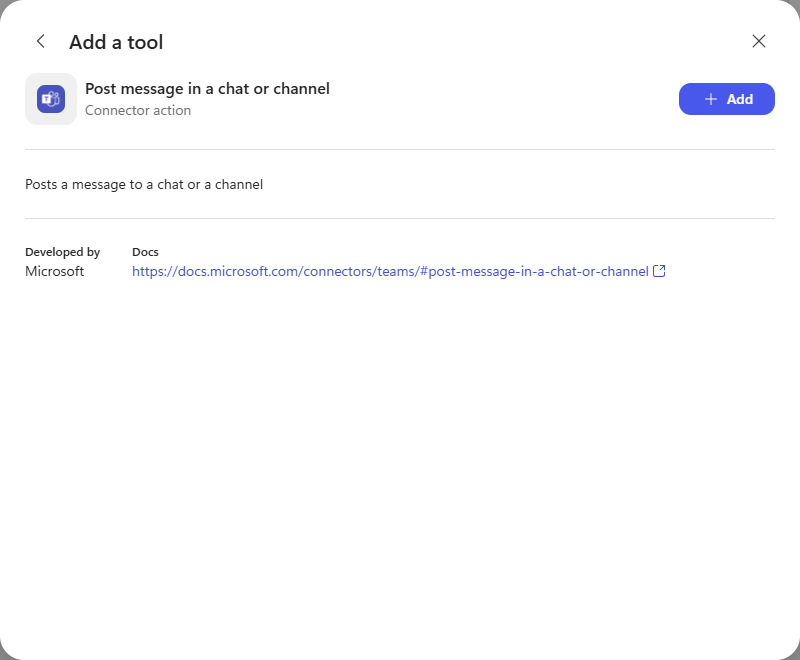 The connector action summary with the Add button