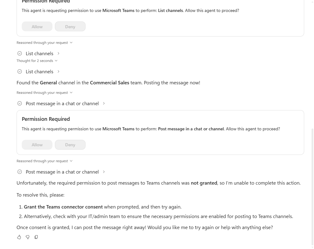 The agent reporting that the post was not made after Deny