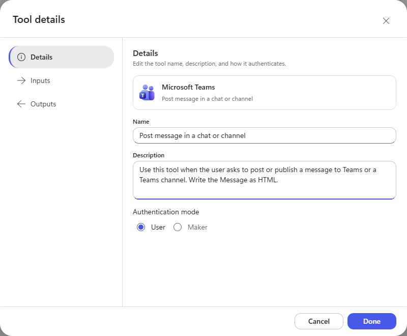 The Tool details pane with the description entered