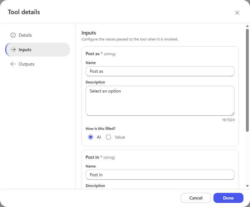The Inputs tab showing Post as and Post in