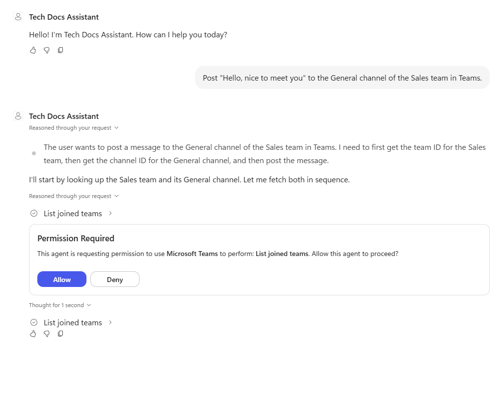 The agent asking permission to list joined teams