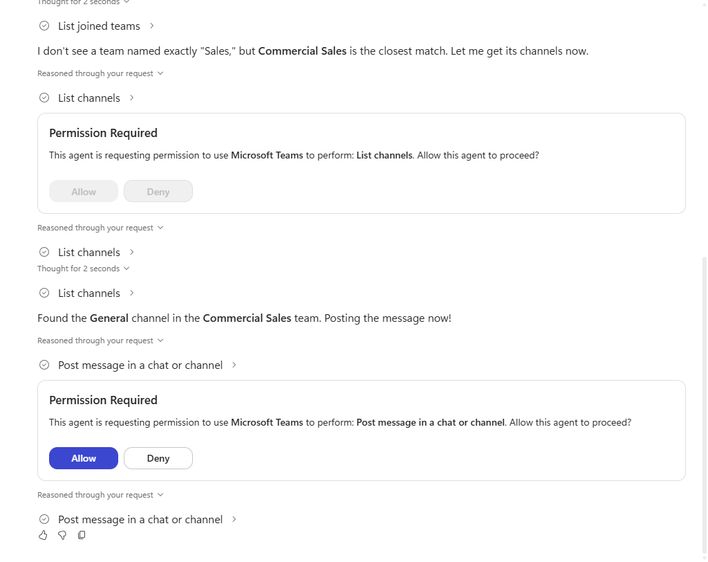 The agent asking permission to post the message