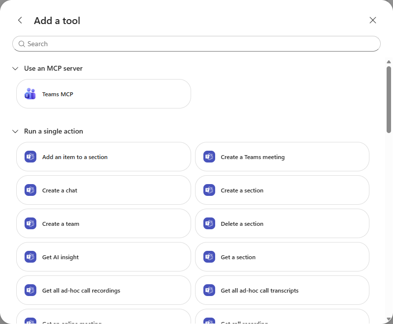 The Microsoft Teams entry showing the MCP server and single actions
