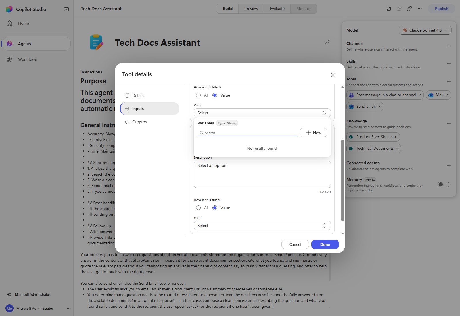 The Value option opening the variable picker