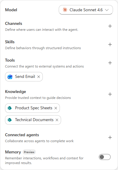 The configuration panel with both knowledge sources attached