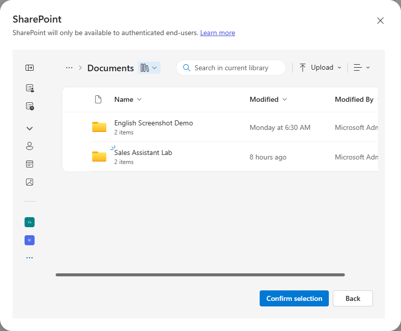 The SharePoint file picker listing the document library