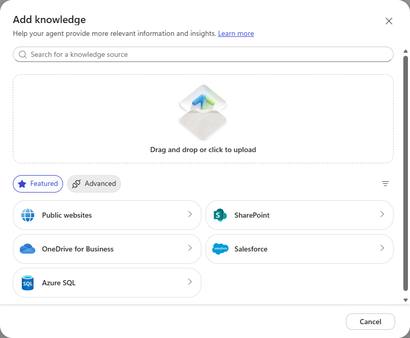 The Add knowledge dialog with the upload area and featured source types