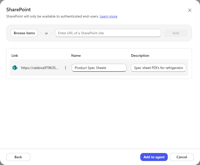 The SharePoint source with a name and description entered