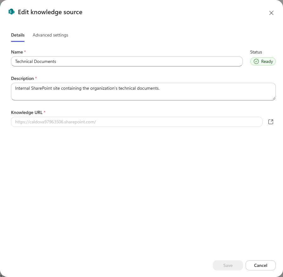 The Edit knowledge source dialog showing name, description, URL and Ready status