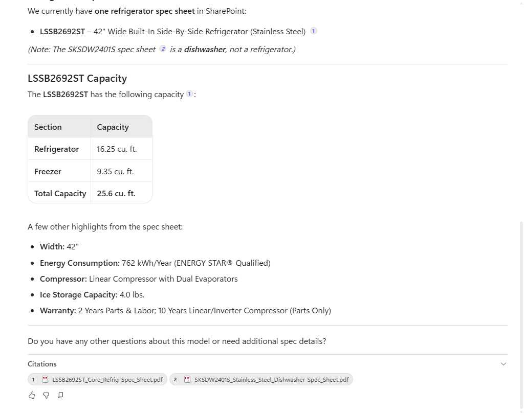 The Preview tab answering from the spec sheets with citations