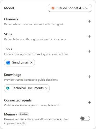 The agent configuration panel showing the Model, Tools and Knowledge sections