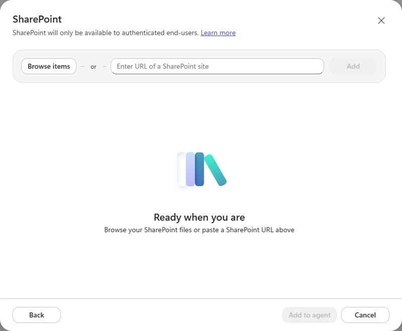 The SharePoint knowledge picker with Browse items and a URL box
