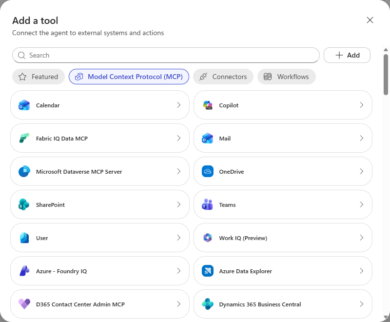 The MCP tab of the tool catalog