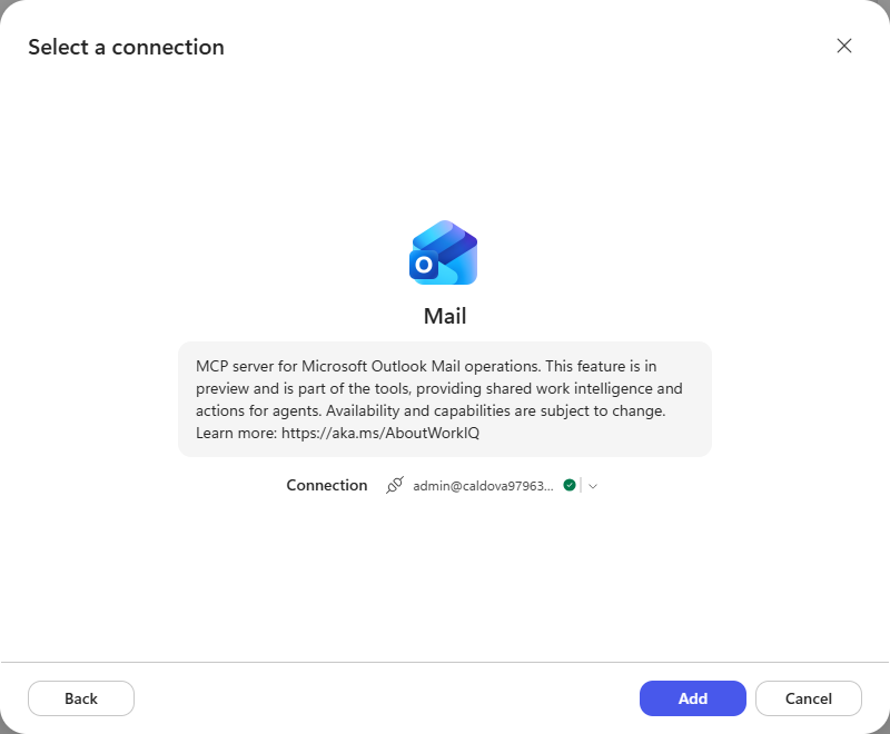Selecting the connection for the Mail MCP server
